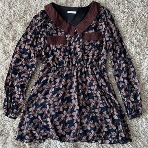 Brown/Navy Pattern Long sleeve Dress